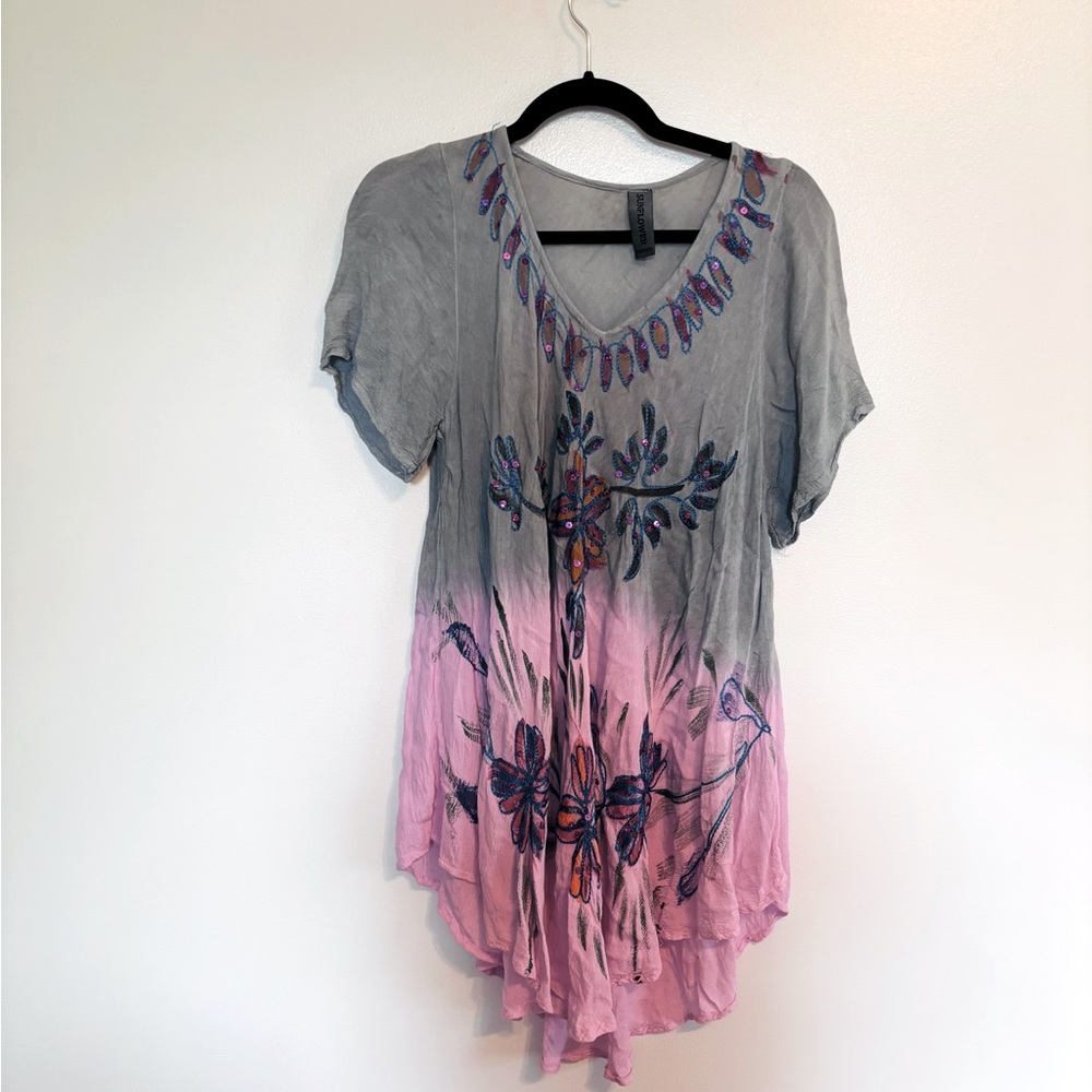 Sunflower v neck long t shirt with asymmetric hem, free size, some wear